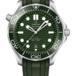 Omega Seamaster diver's watch with green dial and matching green rubber strap on black background