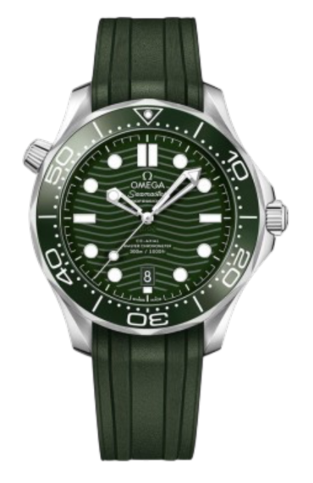 Omega Seamaster diver's watch with green dial and matching green rubber strap on black background
