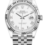 Rolex Oyster Perpetual Datejust stainless steel watch with a white dial, Roman numerals, and a date window at 3 o'clock on a black background.