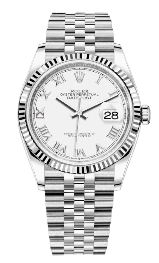 Rolex Oyster Perpetual Datejust stainless steel watch with a white dial, Roman numerals, and a date window at 3 o'clock on a black background.