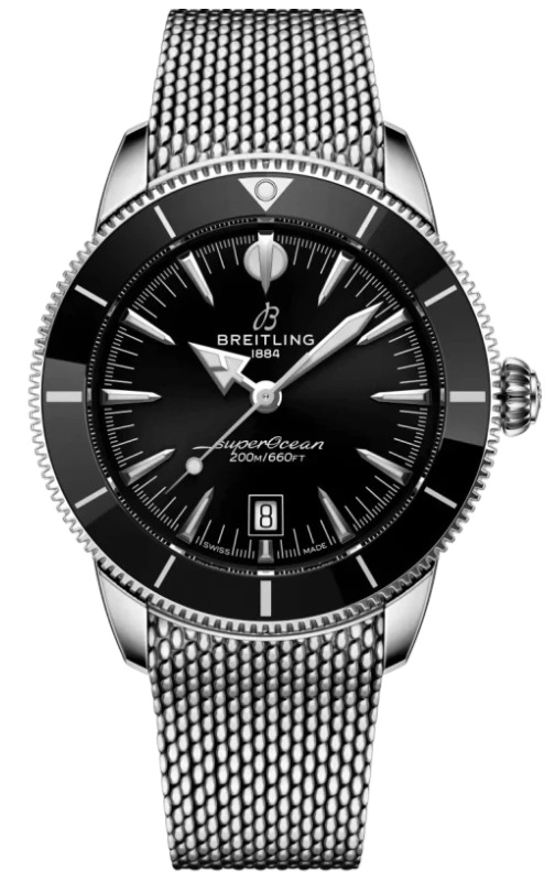 Breitling SuperOcean dive watch with black dial, silver hands, unidirectional bezel, and stainless steel mesh bracelet.