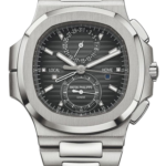 Patek Philippe stainless steel wristwatch with black dial, multiple subdials, and a metal bracelet showing local/home indicators.