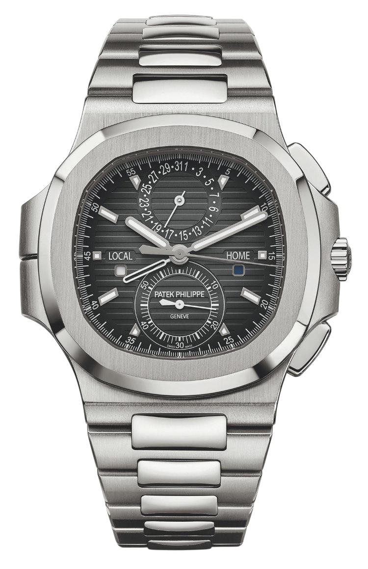 Patek Philippe stainless steel wristwatch with black dial, multiple subdials, and a metal bracelet showing local/home indicators.