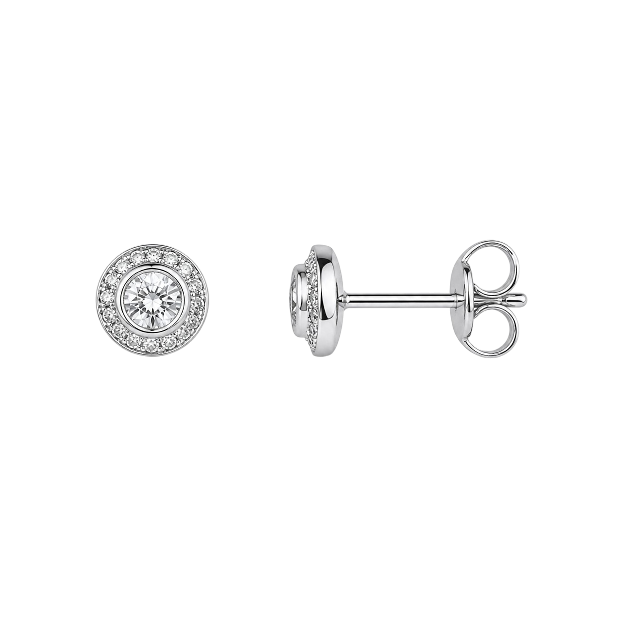 Round diamond halo stud earring in silver setting, front view on black background