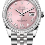 Rolex Datejust wristwatch with a pink dial, diamond-set bezel, and a silver Jubilee bracelet showing date at 3 o'clock.