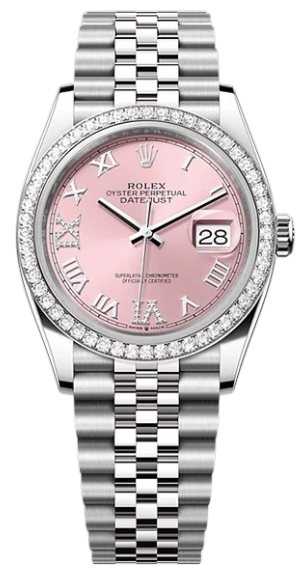 Rolex Datejust wristwatch with a pink dial, diamond-set bezel, and a silver Jubilee bracelet showing date at 3 o'clock.