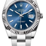 Rolex Oyster Perpetual Datejust stainless steel watch with a blue dial, fluted bezel, and date display at 3 o'clock on a matching steel bracelet