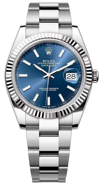 Rolex Oyster Perpetual Datejust stainless steel watch with a blue dial, fluted bezel, and date display at 3 o'clock on a matching steel bracelet
