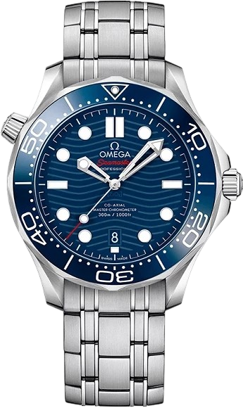 Omega Seamaster Diver 300M watch with blue dial, wave pattern, blue bezel, date window at 6, and stainless steel bracelet.