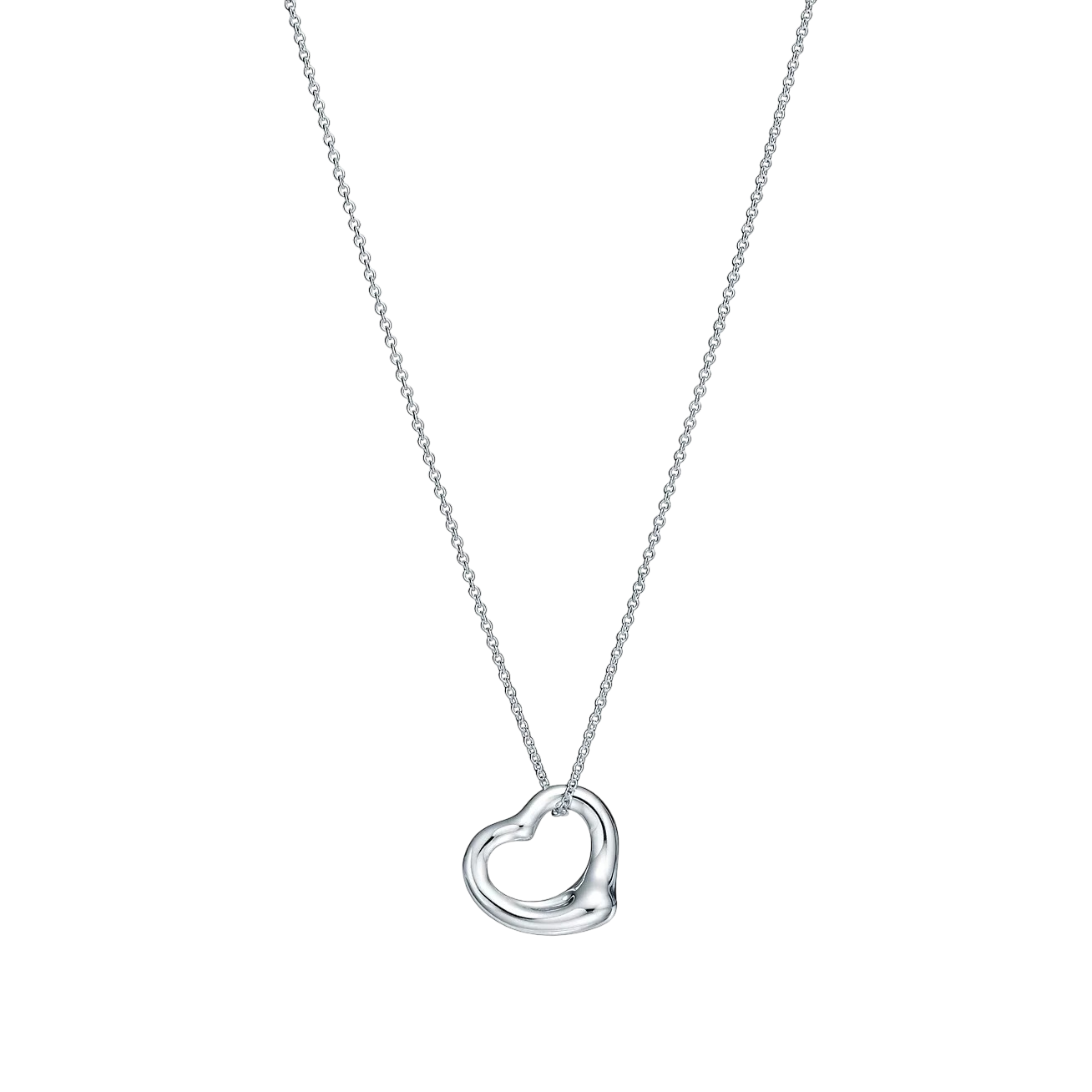 Silver heart-shaped pendant on a delicate chain hanging against a black background.