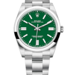 Rolex Oyster Perpetual stainless steel wristwatch with a green dial and silver hour markers on a black background.