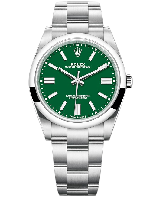 Rolex Oyster Perpetual stainless steel wristwatch with a green dial and silver hour markers on a black background.
