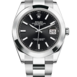 Rolex Oyster Perpetual Datejust stainless steel watch with black dial and date window at 3 o'clock