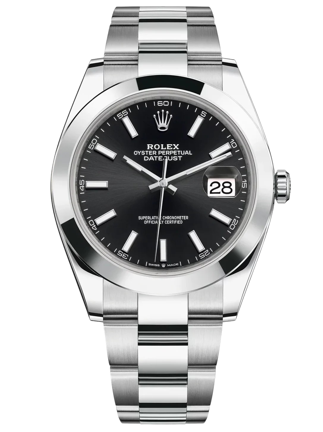 Rolex Oyster Perpetual Datejust stainless steel watch with black dial and date window at 3 o'clock