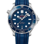 Omega Seamaster Diver 300m with blue dial, blue bezel, date window at 6, and blue rubber strap