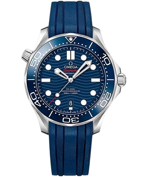 Omega Seamaster Diver 300m with blue dial, blue bezel, date window at 6, and blue rubber strap