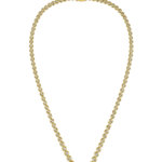 Gold necklace with evenly spaced diamond settings, shown against a black background.