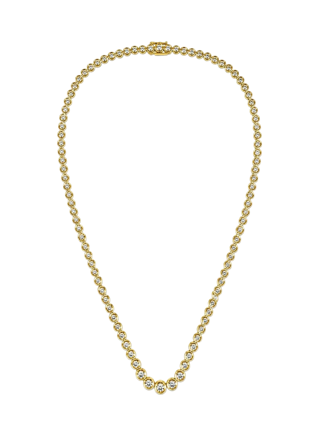 Gold necklace with evenly spaced diamond settings, shown against a black background.