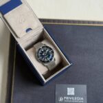 Silver mesh-band wristwatch in an open beige presentation box inside a blue outer box; Privilegia card visible nearby.
