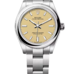 Rolex Oyster Perpetual stainless steel watch with a beige dial and silver hour markers on a metal bracelet