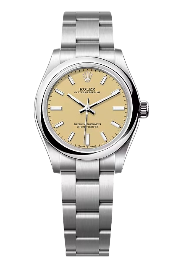 Rolex Oyster Perpetual stainless steel watch with a beige dial and silver hour markers on a metal bracelet