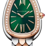 Bulgari women's wristwatch with green dial, rose-gold diamond bezel, and two-tone silver–rose-gold bracelet, featuring Roman numerals XII and VI on the face