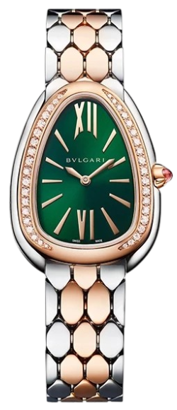 Bulgari women's wristwatch with green dial, rose-gold diamond bezel, and two-tone silver–rose-gold bracelet, featuring Roman numerals XII and VI on the face