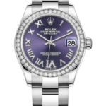 Rolex Oyster Perpetual Datejust watch with a purple dial, diamond bezel, and stainless steel bracelet displaying date 28.