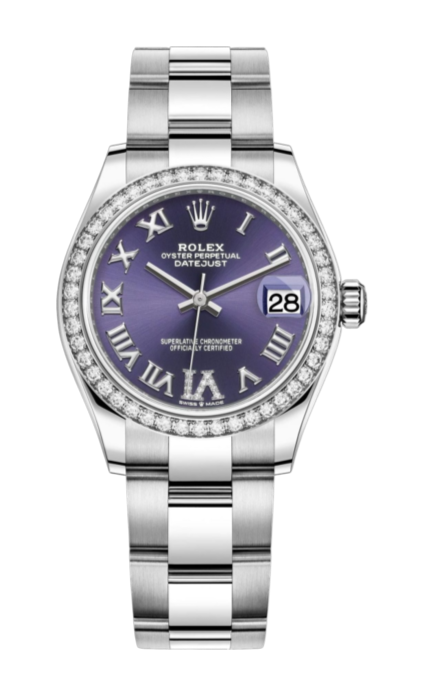 Rolex Oyster Perpetual Datejust watch with a purple dial, diamond bezel, and stainless steel bracelet displaying date 28.