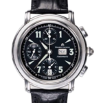 Maurice Lacroix automatic chronograph watch with a black dial, white numerals, and a black leather strap