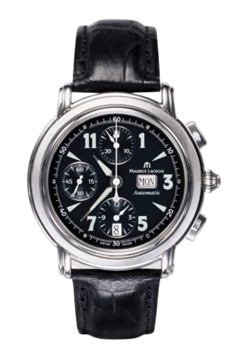 Maurice Lacroix automatic chronograph watch with a black dial, white numerals, and a black leather strap