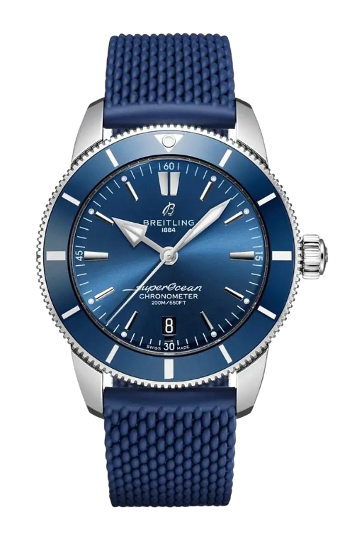 Blue Breitling SuperOcean wristwatch with a textured blue strap and silver case, showing a blue dial and date window at 6 o'clock on a black background.