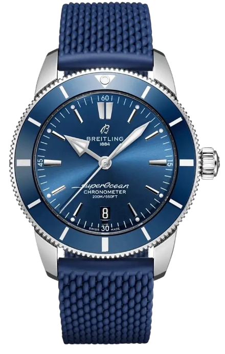 Blue Breitling SuperOcean wristwatch with a textured blue strap and silver case, showing a blue dial and date window at 6 o'clock on a black background.