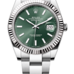 Rolex Datejust watch with green dial, fluted bezel, and stainless steel bracelet (date window shows 28).