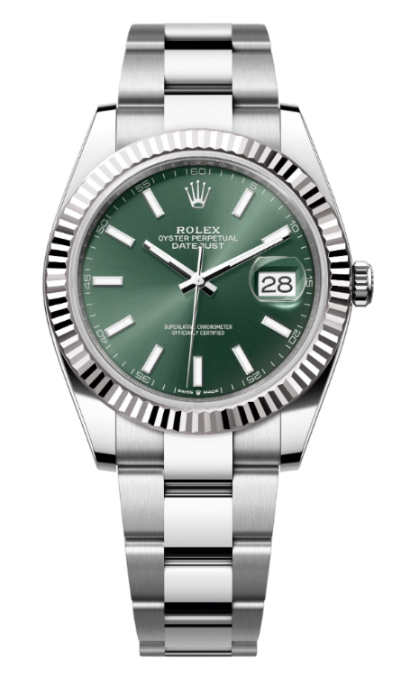 Rolex Datejust watch with green dial, fluted bezel, and stainless steel bracelet (date window shows 28).