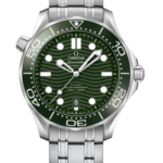 Omega Seamaster Diver 300M watch with green bezel, stainless steel bracelet, and date window at 6 o'clock.