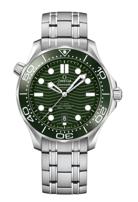 Omega Seamaster Diver 300M watch with green bezel, stainless steel bracelet, and date window at 6 o'clock.