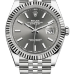 Rolex Datejust watch with a silver dial, fluted bezel, and a Jubilee bracelet; date window at 3 o'clock.