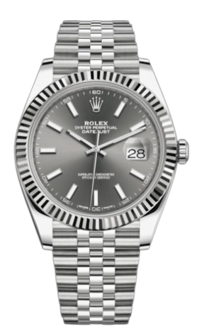 Rolex Datejust watch with a silver dial, fluted bezel, and a Jubilee bracelet; date window at 3 o'clock.