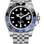 Rolex GMT-Master II watch with black dial and blue/black bezel on a stainless steel bracelet, close-up.