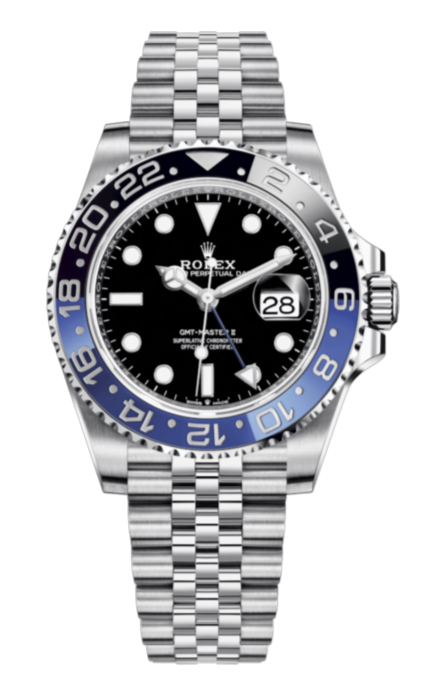 Rolex GMT-Master II watch with black dial and blue/black bezel on a stainless steel bracelet, close-up.