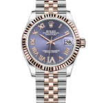 Two-tone Rolex Datejust wristwatch with a fluted bezel, purple dial, Roman numerals, and a two-tone bracelet against a black background, showing date 28.