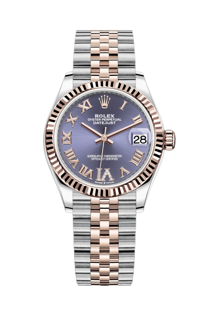 Two-tone Rolex Datejust wristwatch with a fluted bezel, purple dial, Roman numerals, and a two-tone bracelet against a black background, showing date 28.