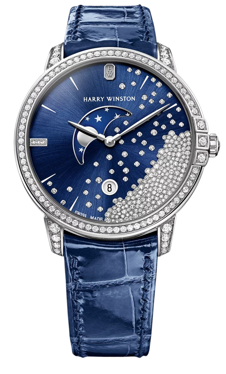 Harry Winston blue-dial luxury watch with diamond-studded bezel and moon-phase display on a blue strap