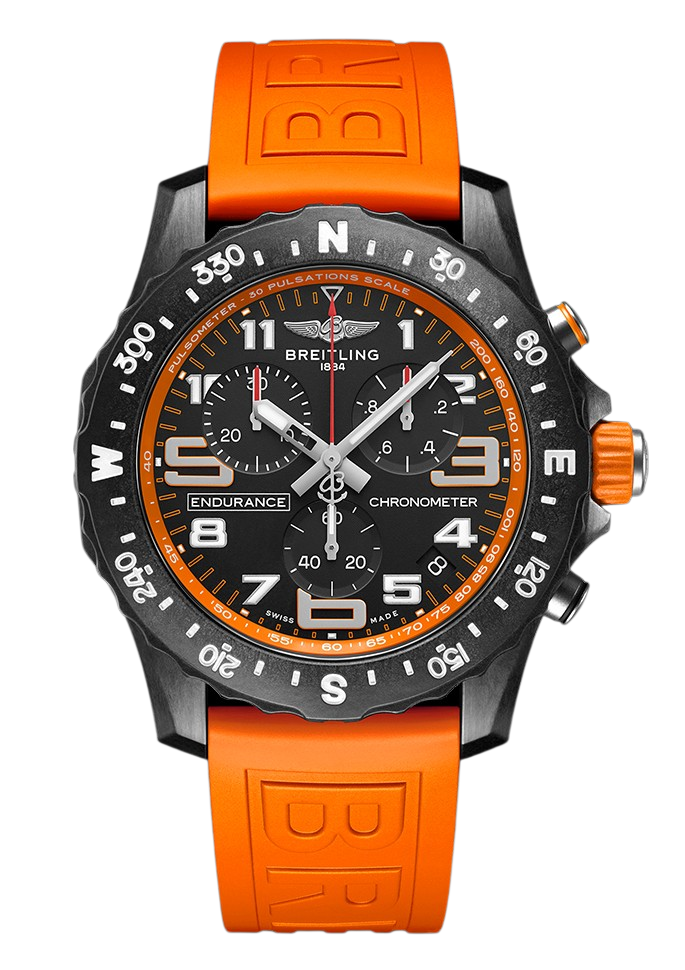 Breitling chronograph watch with black dial and bright orange strap, bold numerals and multiple subdials on black background.