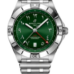 Breitling GMT chronometer wristwatch with a green dial, stainless steel case and bracelet, showing a red GMT hand and rotating bezel.