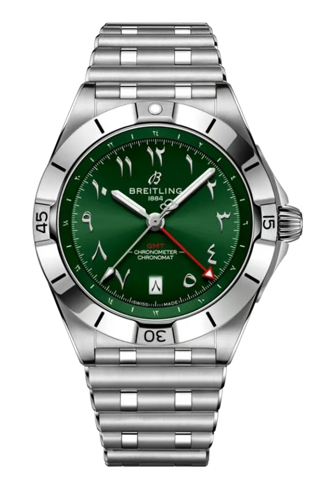Breitling GMT chronometer wristwatch with a green dial, stainless steel case and bracelet, showing a red GMT hand and rotating bezel.