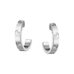 Pair of silver hoop earrings with screw-head accents along the band, open at the back