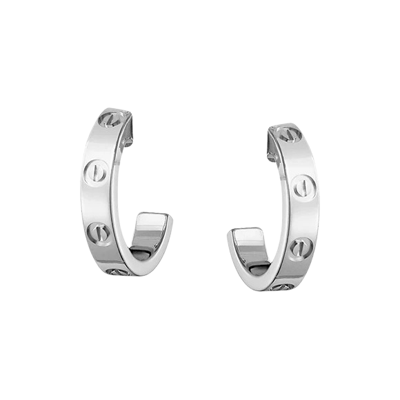 Pair of silver hoop earrings with screw-head accents along the band, open at the back