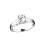 Engagement ring with a round-cut diamond set in a silver band on a black background.